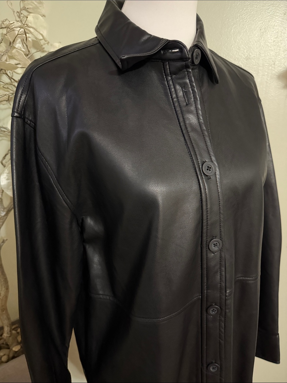 Black Tape_ Black Button-Down Leather Shacket - Picture 2 of 5
